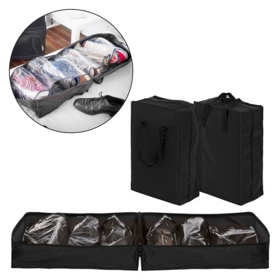 Organizador de sapatos preto em tecido com divisórias e bolsas plásticas transparentes