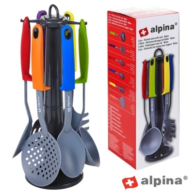 Conjunto de utensílios de cozinha coloridos Alpina com suporte preto e caixa