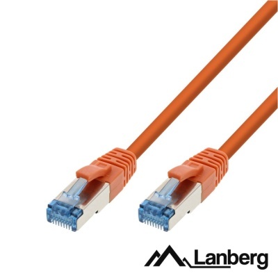 Cabo de rede laranja com terminais RJ45 e logo Lanberg