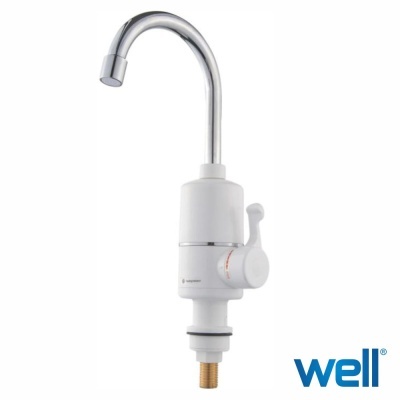 Torneira eletrónica branca e metal prateado com manípulo lateral e rosca dourada