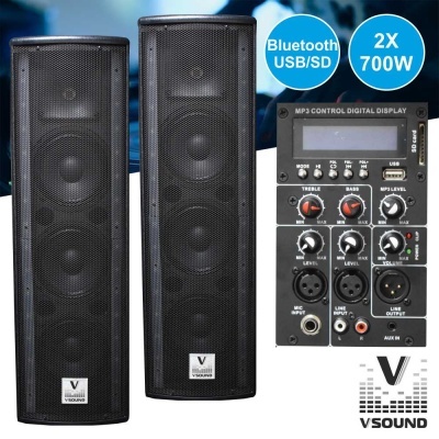 Sistema de colunas VSound pretas com painel de controlo digital e várias entradas