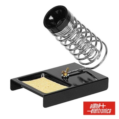 Suporte para ferro de soldar com base preta, mola prateada, esponja amarela e etiqueta vermelha alpha elettronica