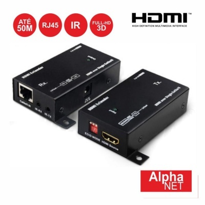 Adaptadores HDMI pretos com entrada RJ45 e IR, texto técnico e logotipo Alpha NET