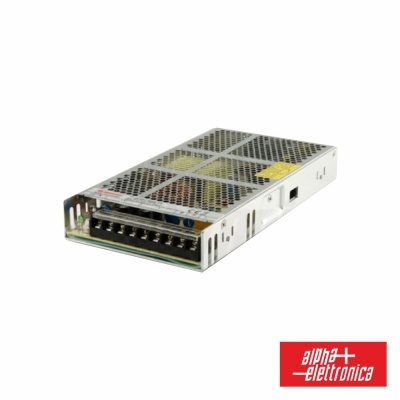 Fonte de alimentação eletrónica metálica perfurada com terminais, logótipo alpha elettronica
