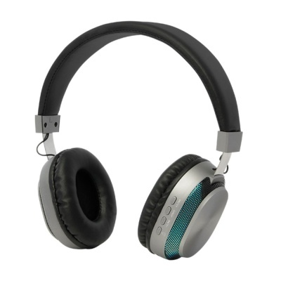 Auriculares sem fios cinza com almofadas pretas e detalhes verdes