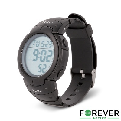Relógio digital preto com visor redondo e pulseira de silicone, texto RESET e 10M WR, fundo branco com logótipo FOREVER ACTIVE