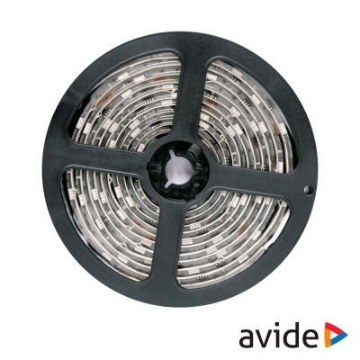 Rolo de fita LED branca num carretel preto com logo avide