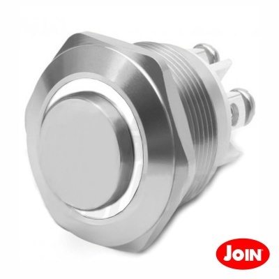Botão metálico prateado com terminais elétricos e logótipo Join no fundo branco