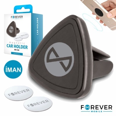 Suporte magnético para carro Forever Mobile negro com placas metálicas brancas e embalagem azul e branca