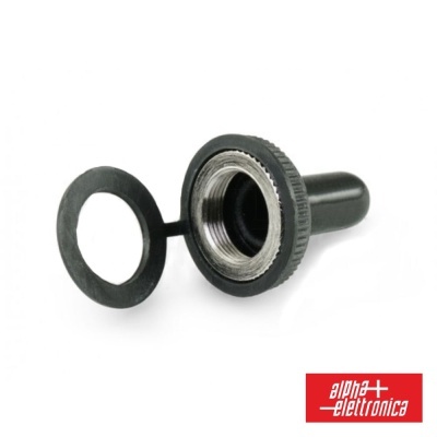 Tampa de borracha preta com rosca e logótipo alpha elettronica