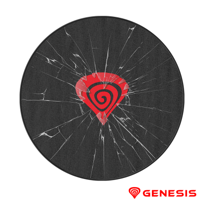 Disco preto com símbolos vermelhos rachados e palavra GENESIS