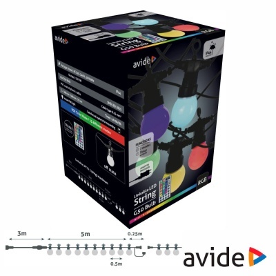 Caixa de lâmpadas LED coloridas da marca avide com várias informações técnicas e gráfico de extensão.