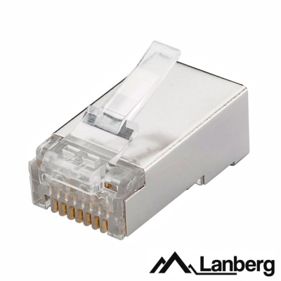 Conector RJ45 metálico com terminais dourados e travão transparente
