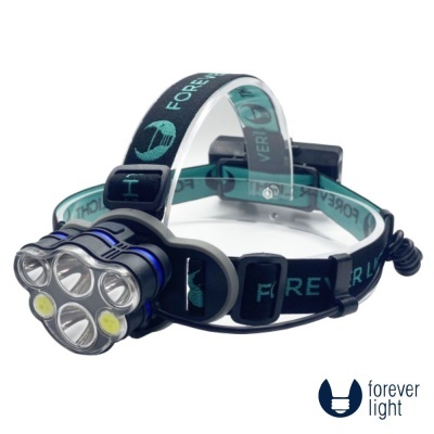 Lanterna frontal preta e azul com cinta elástica preta e texto FOREVER LIGHT