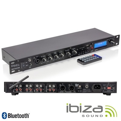 Equipamento áudio Ibiza Sound NH-PLATIN preto com ecrã azul, botões e controlo remoto