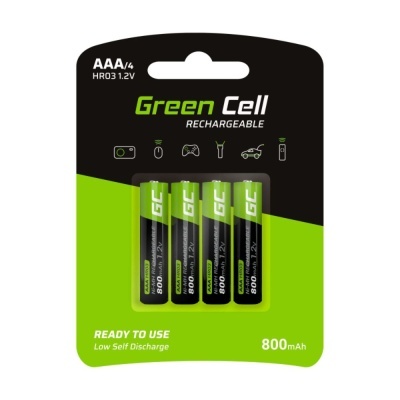 Pack de pilhas recarregáveis AAA Green Cell 800mAh em embalagem preta e verde
