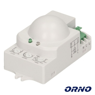 Sensor de movimento ORNO branco com botões de ajuste e conetores elétricos