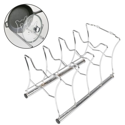 Suporte metálico cromado para tachos e tampas com cinco divisórias