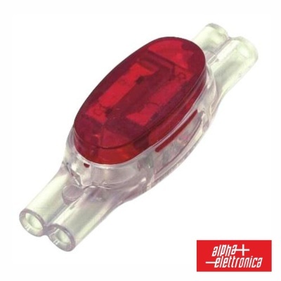 Conector elétrico transparente com tampa vermelha e logótipo alpha elettronica