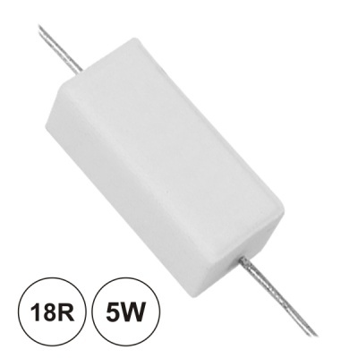 Resistor branco retangular com fios metálicos e marcação 18R 5W