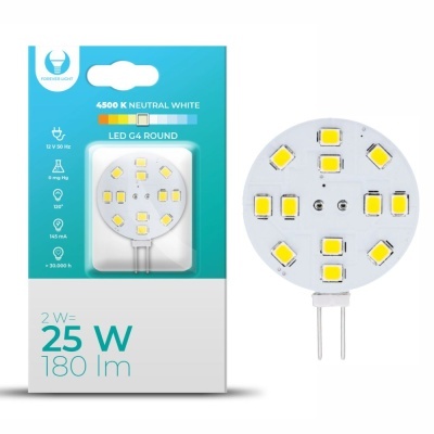 Lâmpada LED redonda G4 25 W com embalagem azul e branca