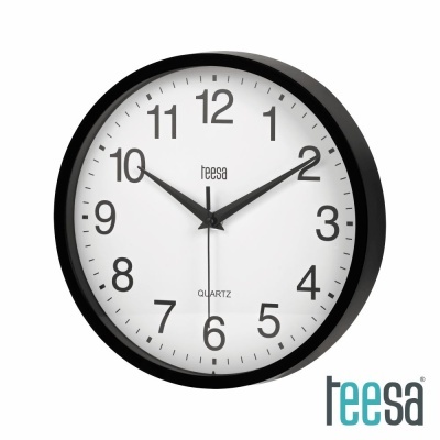 Relógio de parede redondo com moldura preta e fundo branco da marca teesa