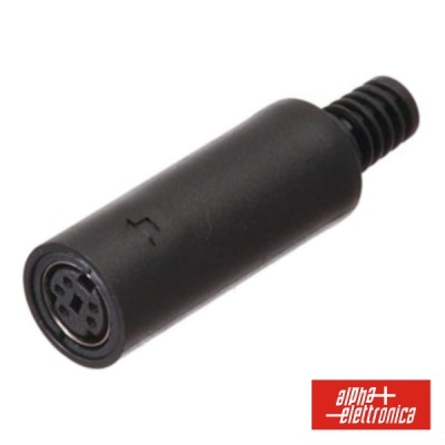 Adaptador preto com conector mini DIN 4 pinos e logótipo alpha elettronica