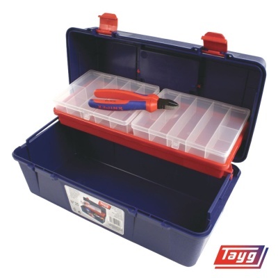 Caixa de ferramentas azul com bandeja vermelha, compartimentos transparentes e alicate azul e vermelho