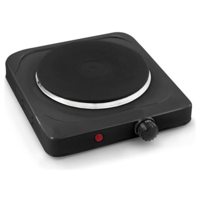 Placa de fogão elétrica portátil preta com disco de aquecimento redondo e botão de controlo.