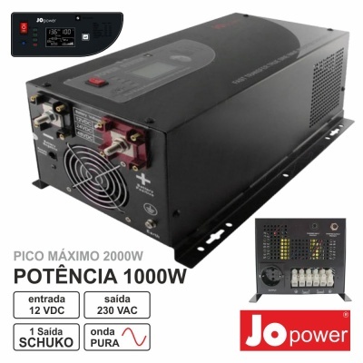 Inversor de energia JOpower preto com conectores, ventilador e especificações técnicas visíveis