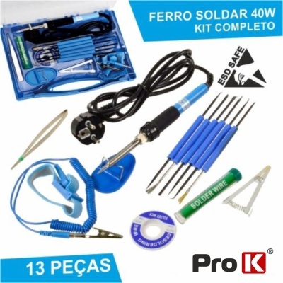 Kit completo de ferro de soldar 40W com 13 peças e estojo azul transparente