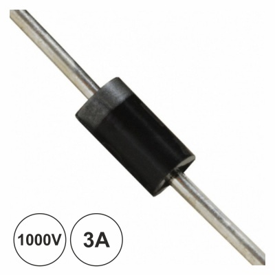 Diodo eletrónico preto com terminais metálicos e símbolos 1000V 3A