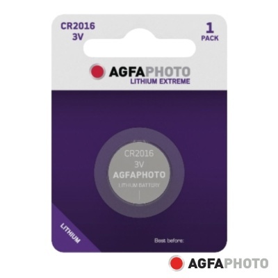 Pilha de lítio AGFAPHOTO CR2016 3V em embalagem branca e púrpura