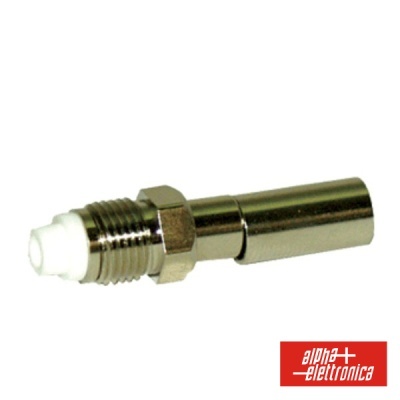 Conector coaxial metálico com rosca e ponta branca sobre fundo branco com logo