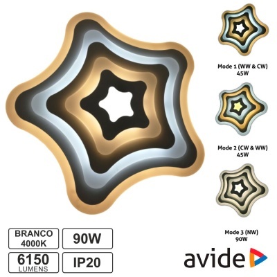 Luz de teto estrela branca, dourada e preta, 90W, IP20, com etiquetas técnicas