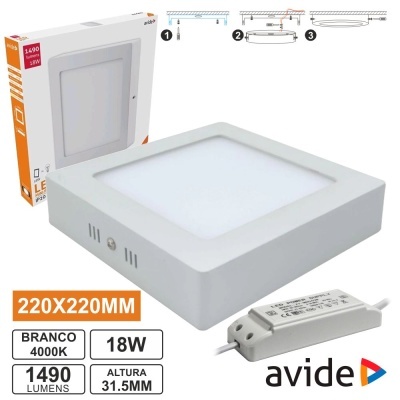Luminária LED quadrada branca Avide com transformador e embalagem.