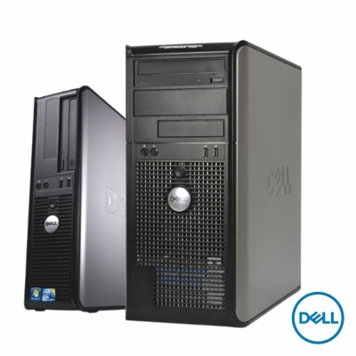 Duas torres de computador Dell pretas lado a lado com logótipos visíveis