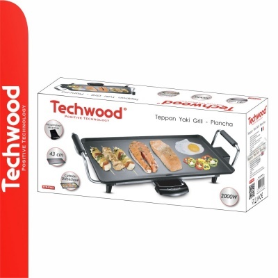 Embalagem de chapa elétrica Techwood Teppan Yaki Grill Plancha preta com alimentos na superfície