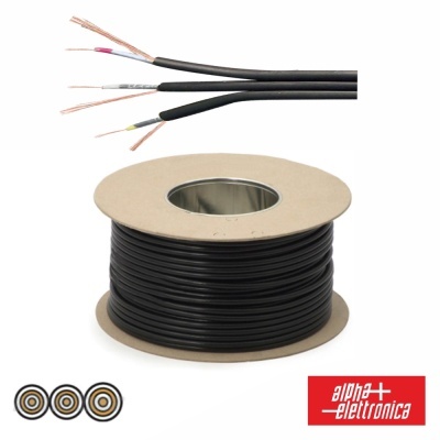 Carretel de cabo elétrico preto com vários fios expostos e logo alpha elettronica