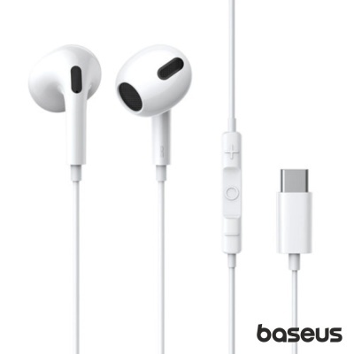 Auriculares com fio brancos com controlo e ficha USB-C baseus