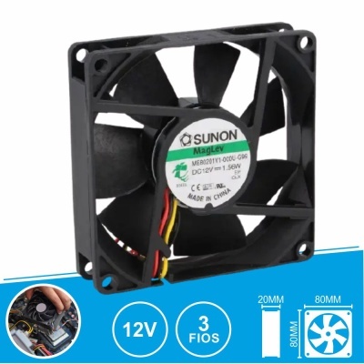 Ventoinha de computador preta SUNON 80x80x20mm com 3 fios