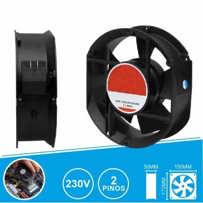 Ventoinha axial preta com etiqueta vermelha e branca, dimensões e voltagem indicadas, fundo branco e azul com ícones