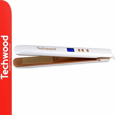 Prancha alisadora de cabelo Techwood branca e dourada com ecrã digital azul