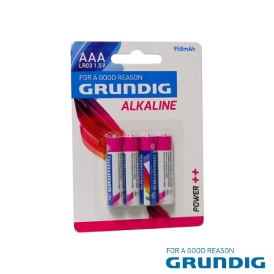 Pack de três pilhas alcalinas AAA da Grundig em embalagem de plástico e cartão