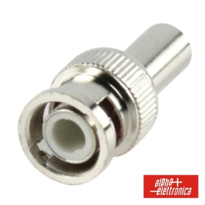 Conector BNC metálico prateado com isolamento branco em fundo branco e logótipo alfa elettronica