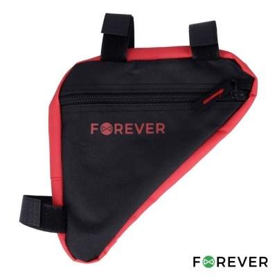 Mala triangular para bicicleta preta com bordas vermelhas e texto FOREVER