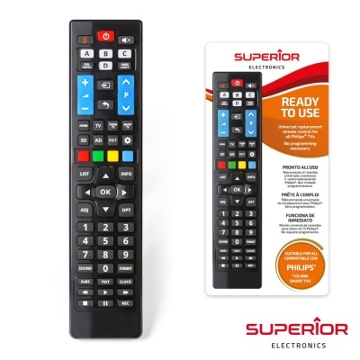 Comando universal preto com botões coloridos e embalagem branca com texto