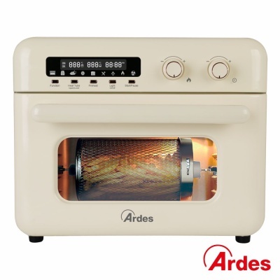 Forno elétrico compacto bege com painel digital e cilindro para assar no interior.
