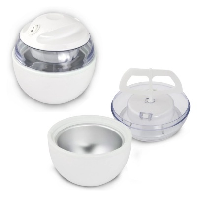 Conjunto de sorveteira branca com tampas transparentes e interior metálico