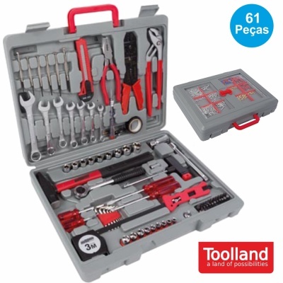 Conjunto de ferramentas de 61 peças em estojo cinza e vermelho